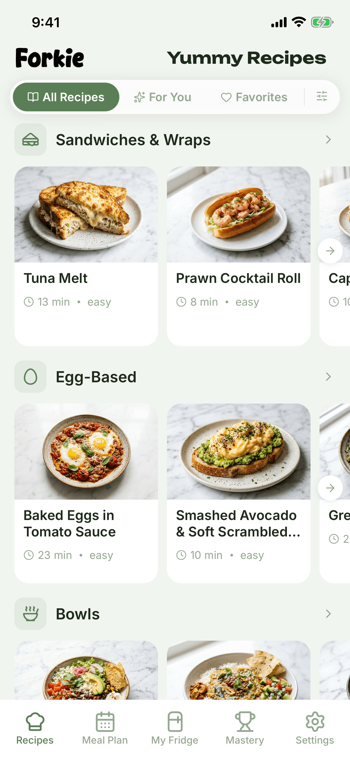Forkie app — recipes screen