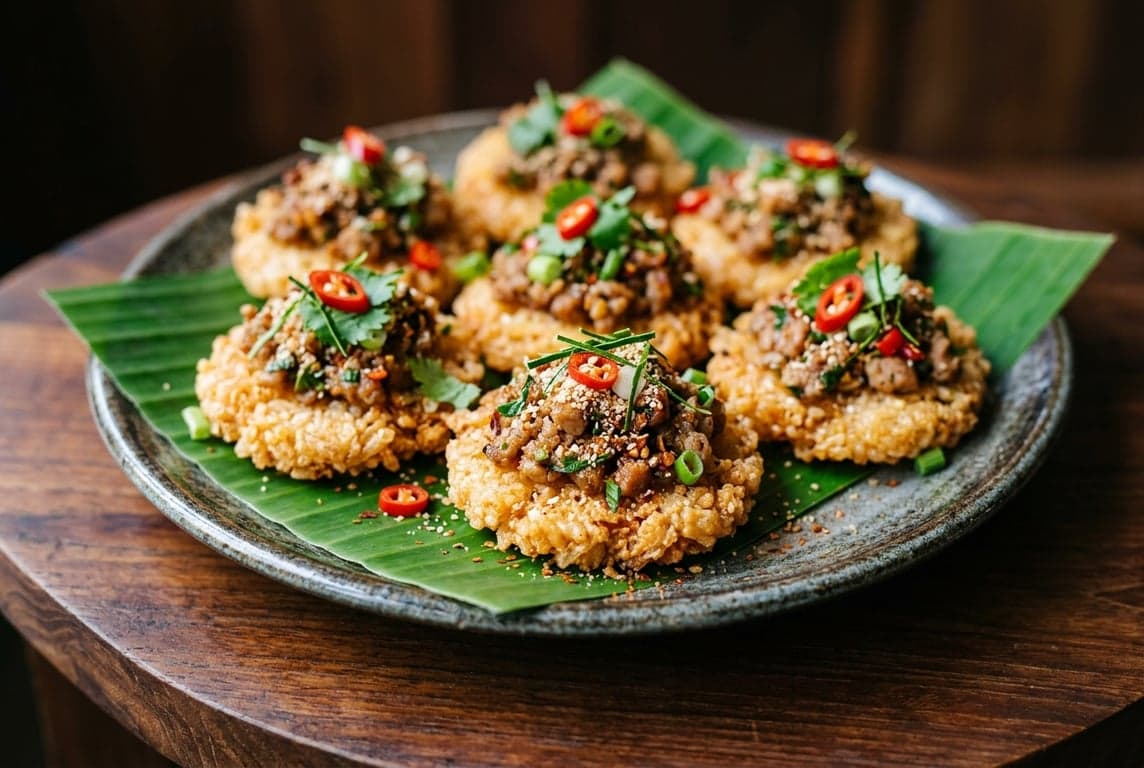 Khao Tod Crispy Rice Cakes with Pork and Chilli