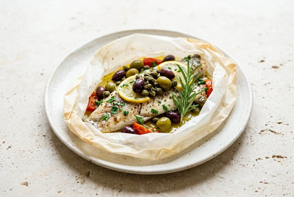 Baked Sea Bass with Olives & Capers