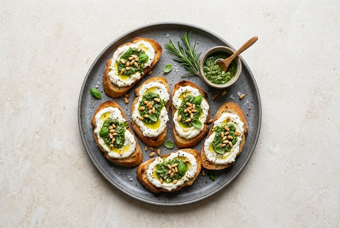 Pesto and Ricotta Crostini with Pine Nuts