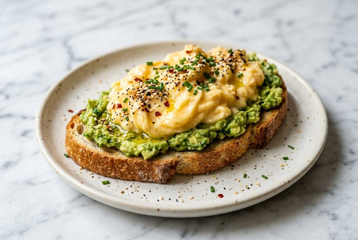 Smashed Avocado & Soft Scrambled Eggs on Toast