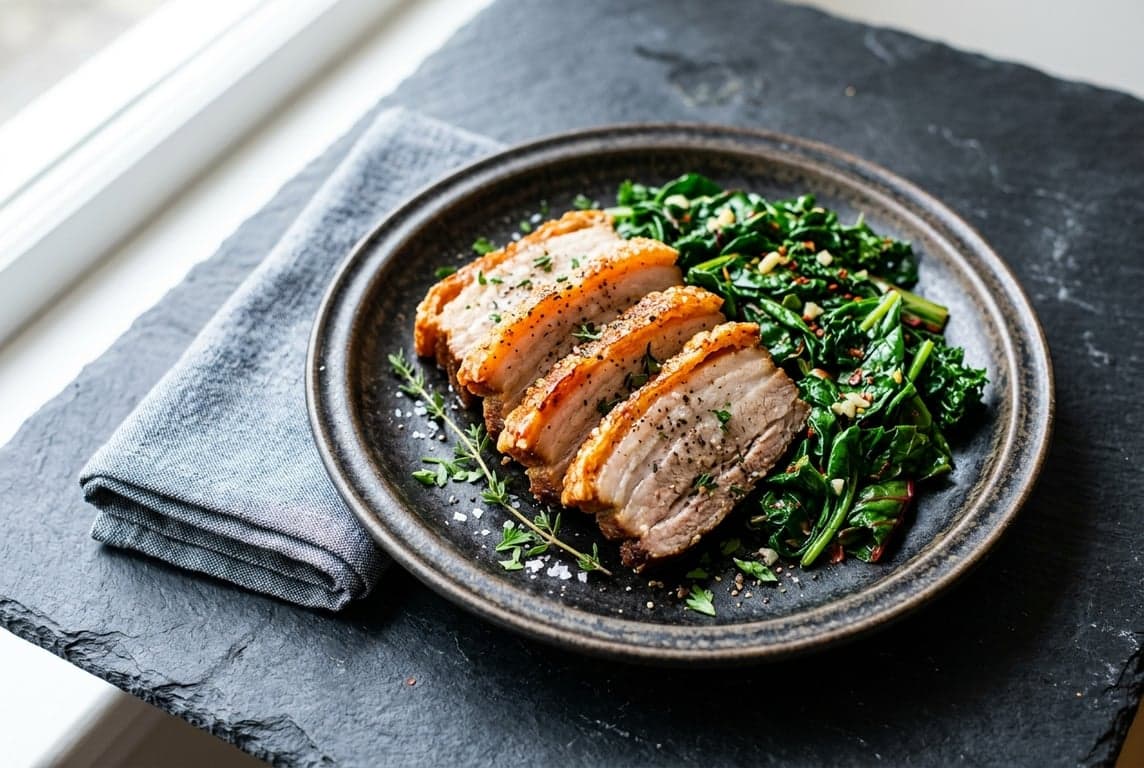 Slow-Roasted Pork Belly with Greens